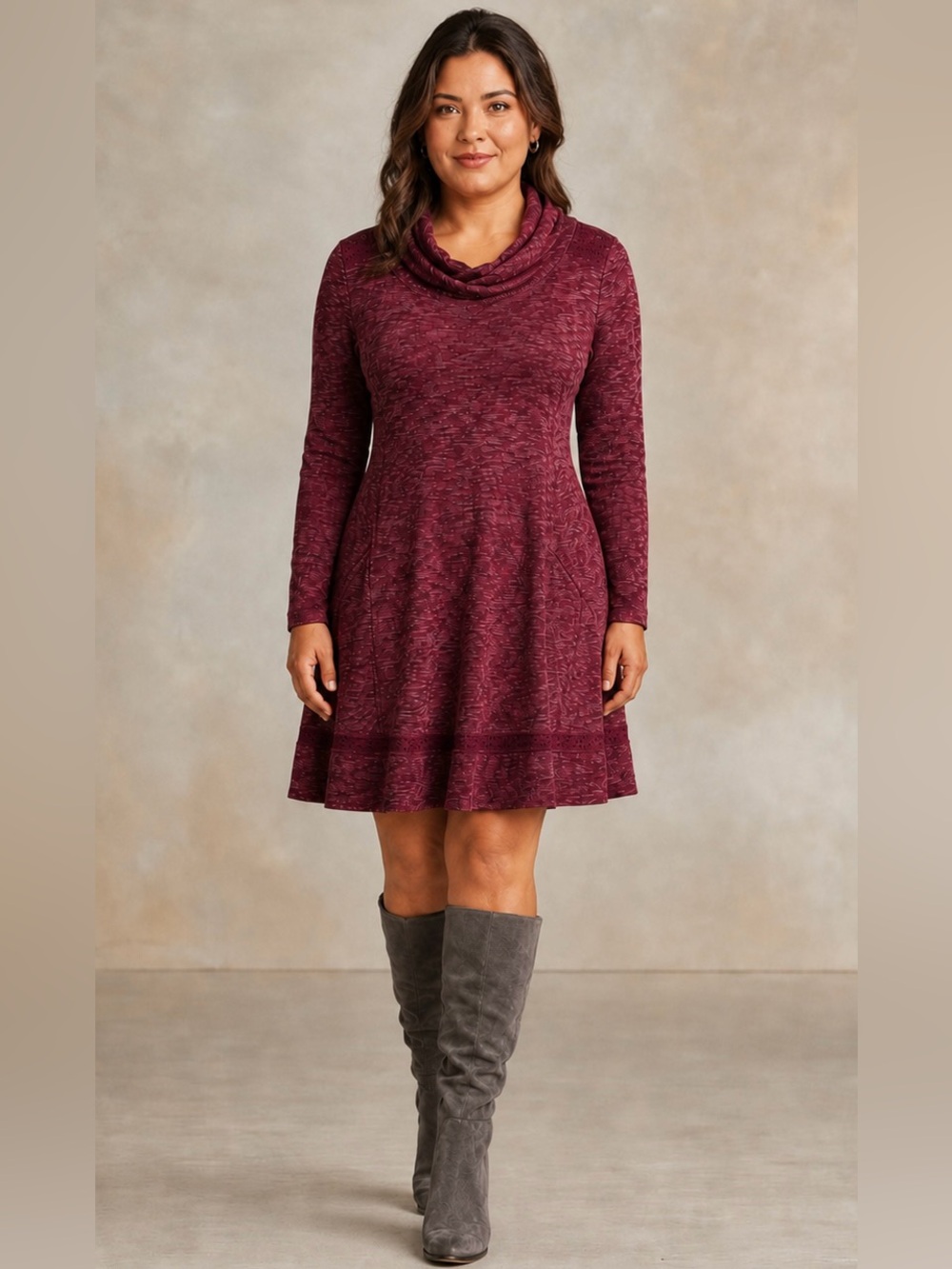 Anthro Saturday Sunday Burgundy Crochet Cowl Neck Dress Boho Chic Size M